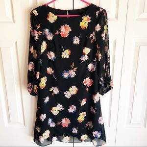 Kensie Black Multi Floral Print Sheer Sleeve Shift Mini Dress 2